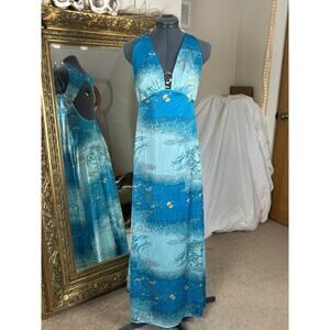Vtg 1970’s Blanche By Ralph Montenero Blue Floral Nylon Open Back Plunge Beachey